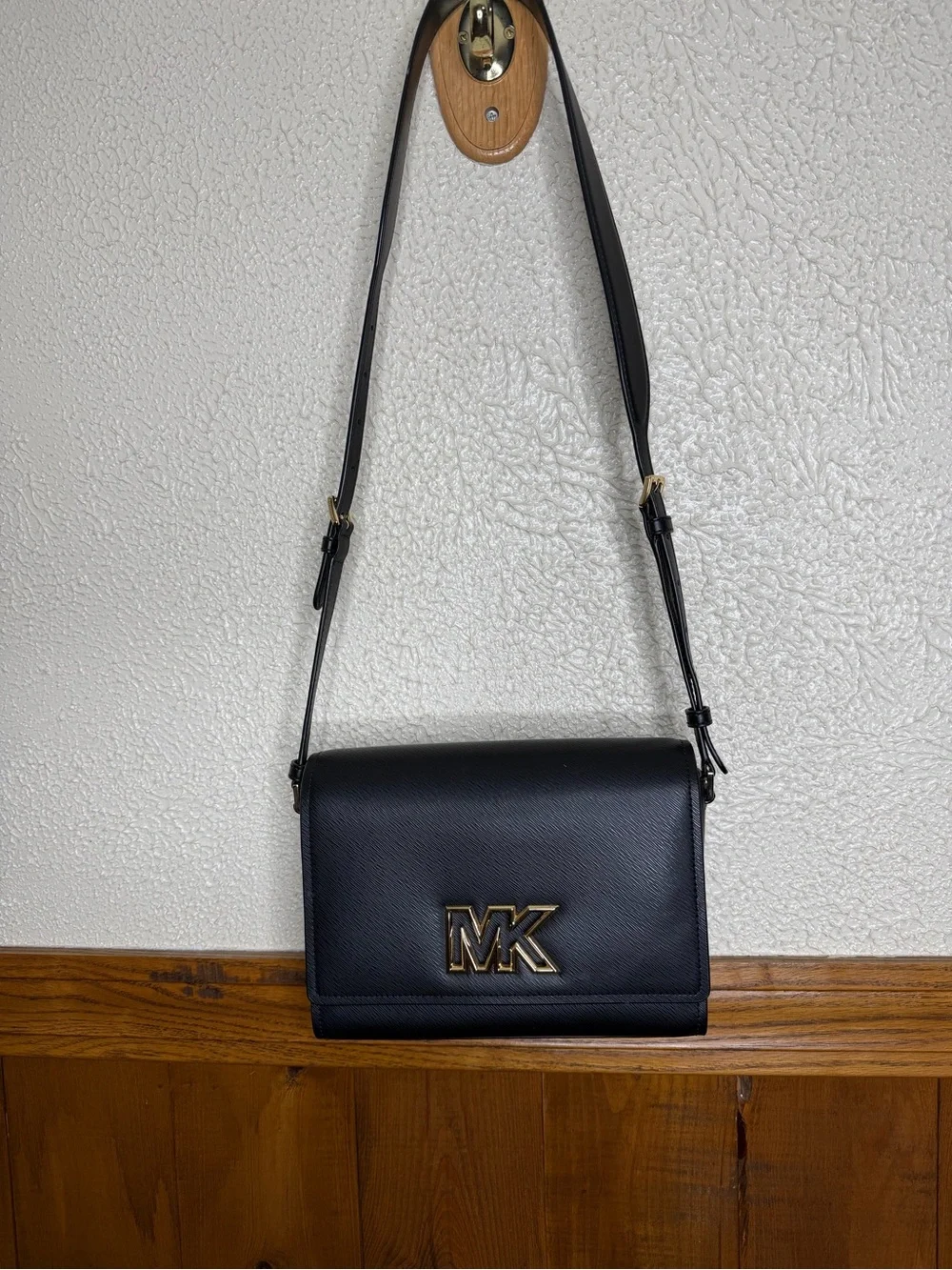 Michael Kors Black Leather Crossbody with Gold MK Emblem